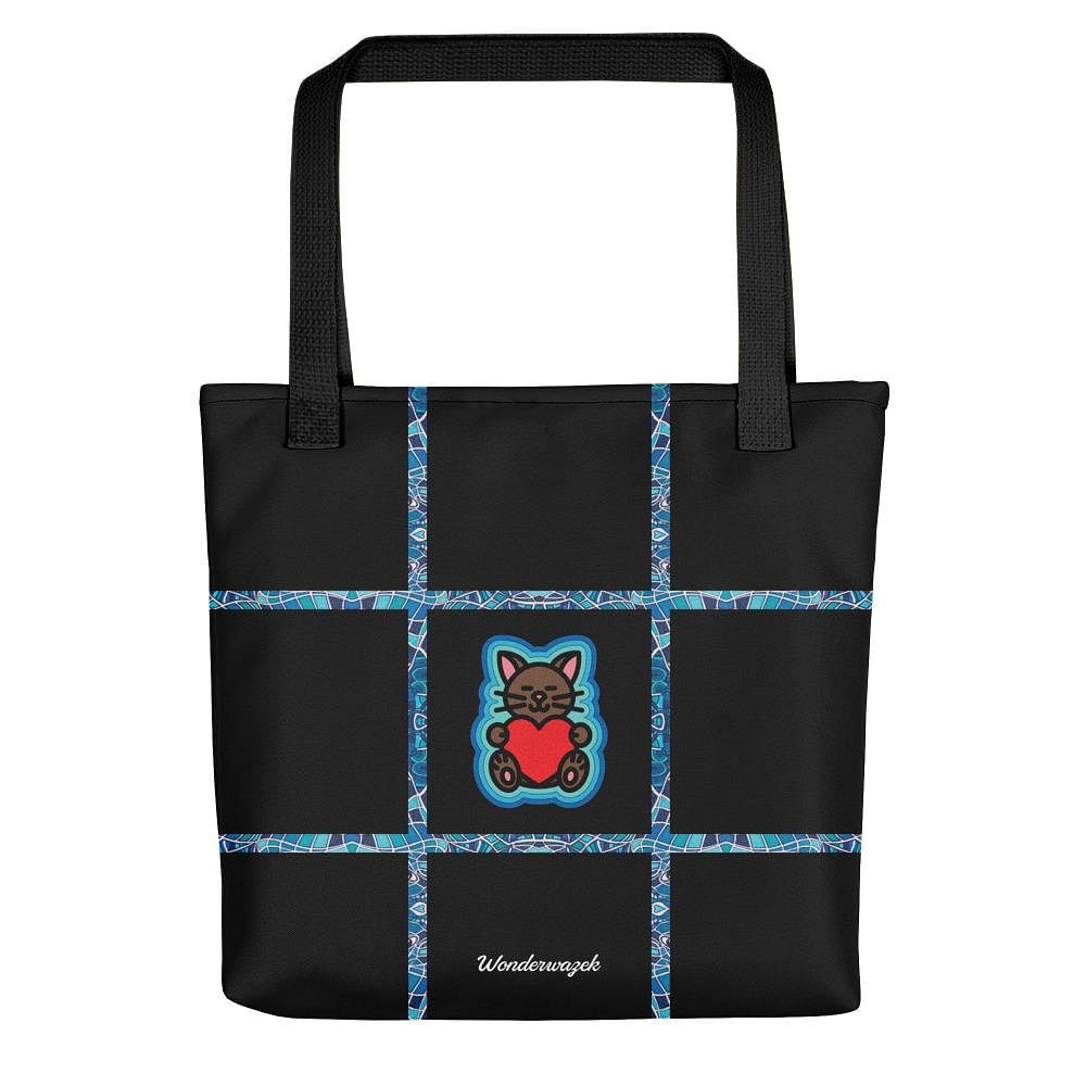 Einkaufstasche • dezente Akzente, Katze mit Herz – blau, schwarz - Wonderwazek