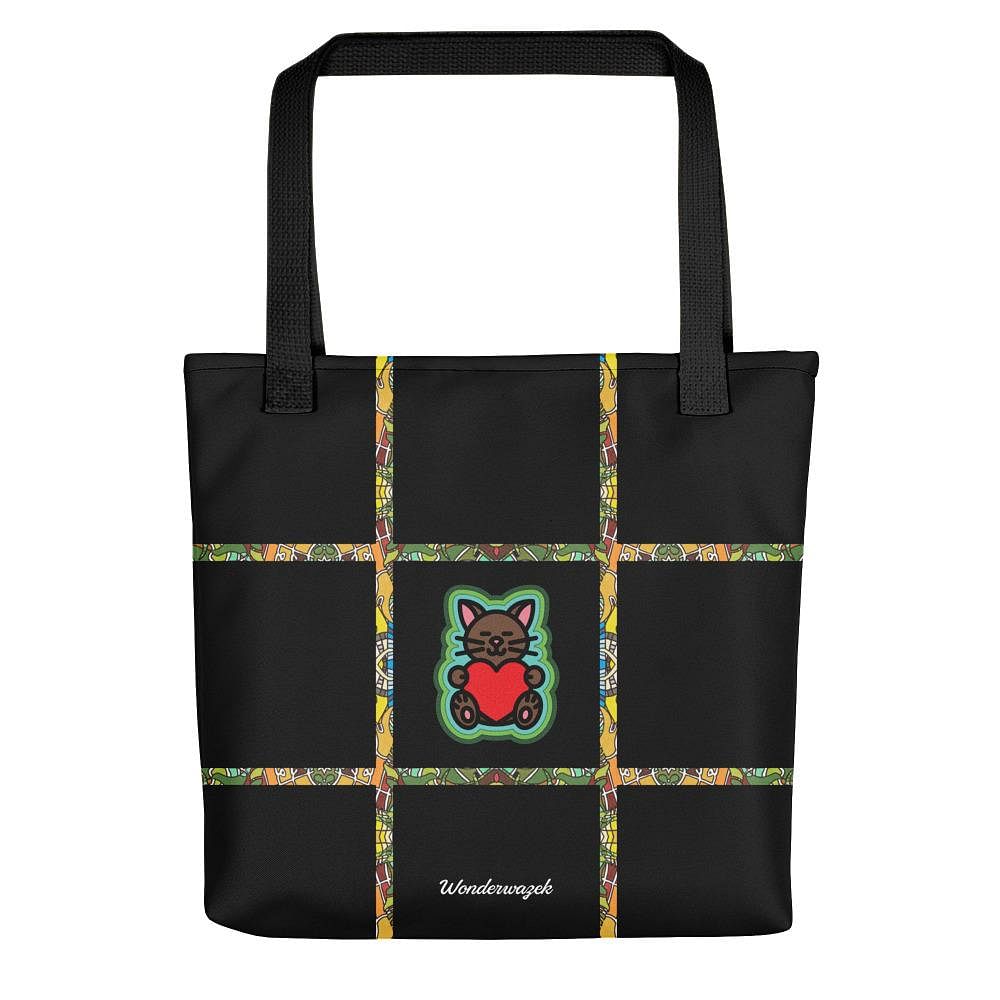 Einkaufstasche • dezente Akzente, Katze mit Herz – grün, schwarz - Wonderwazek