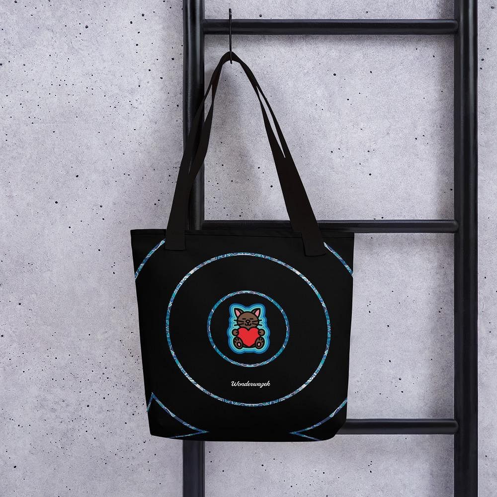 Einkaufstasche • dezente Kreise, Katze mit Herz – blau, schwarz - Wonderwazek