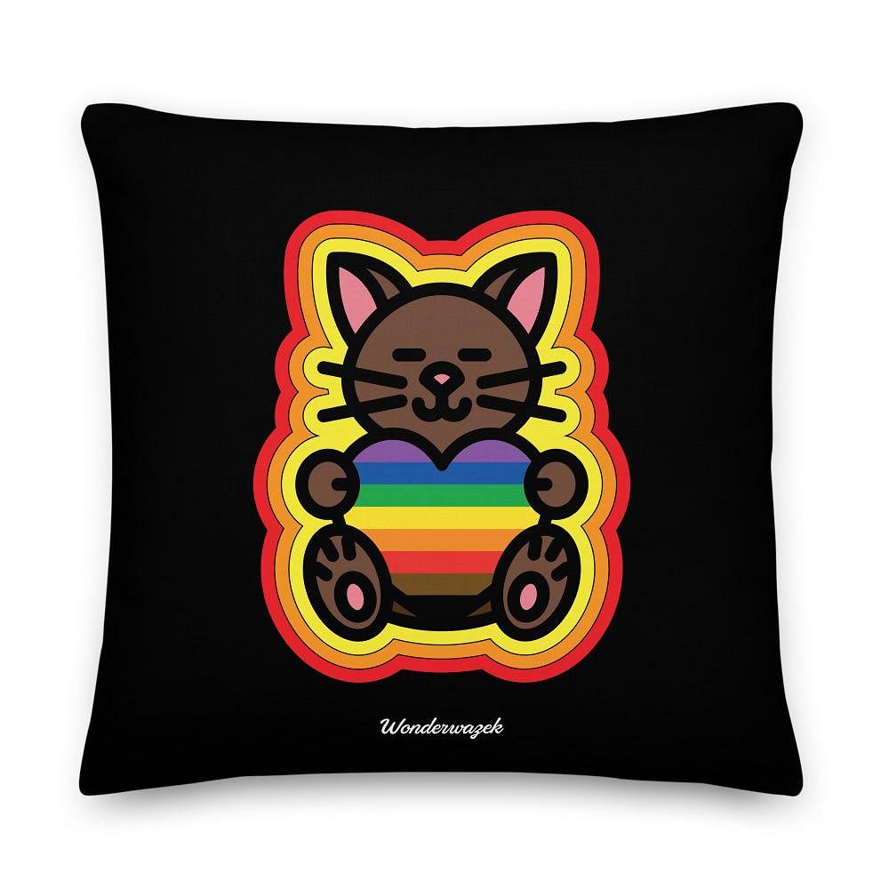 Kissen • Diversität 🌈 Katze mit Herz – Regenbogen, gelb, orange, rot, schwarz - Wonderwazek