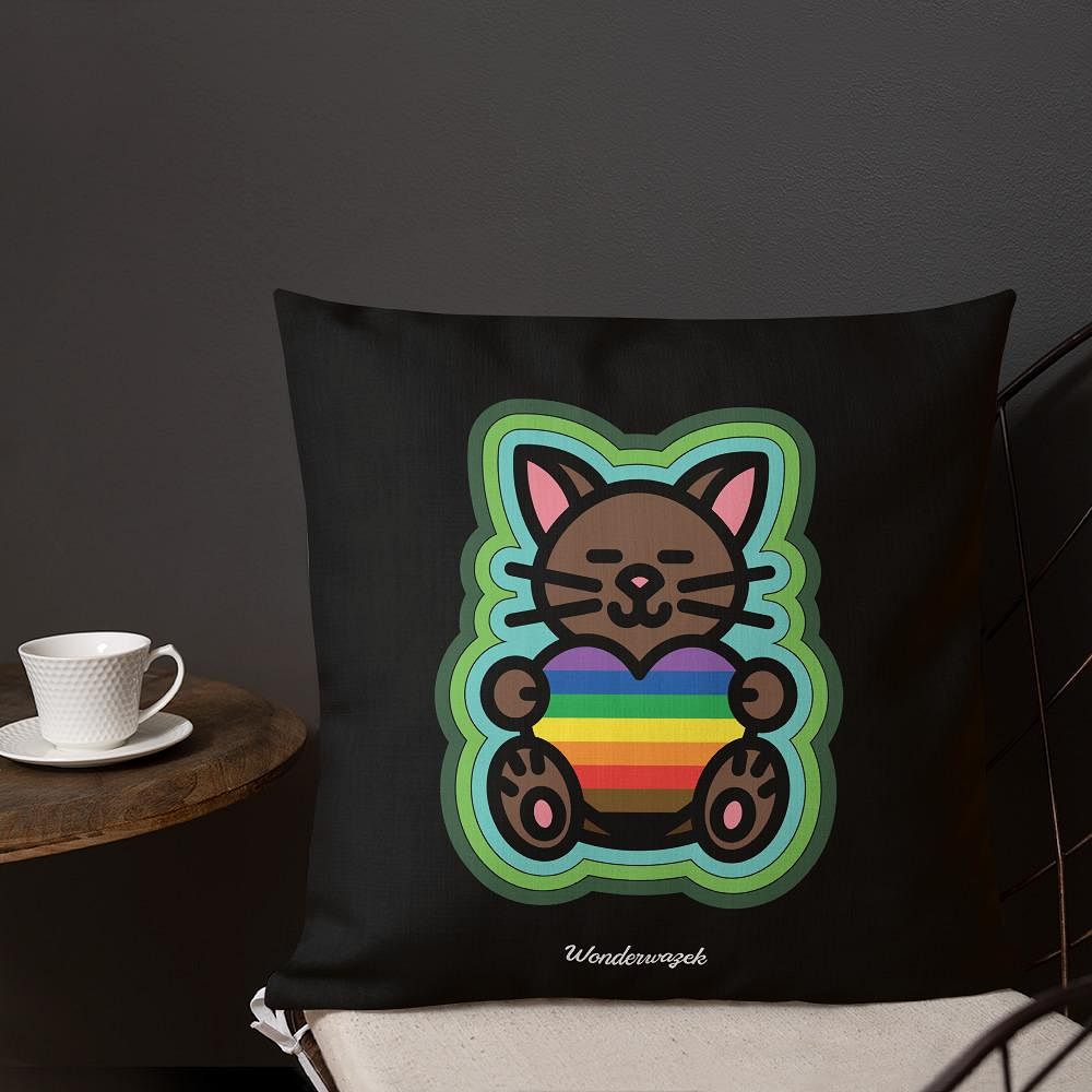 Kissen • Diversität 🌈 Katze mit Herz – Regenbogen, grün, schwarz - Wonderwazek