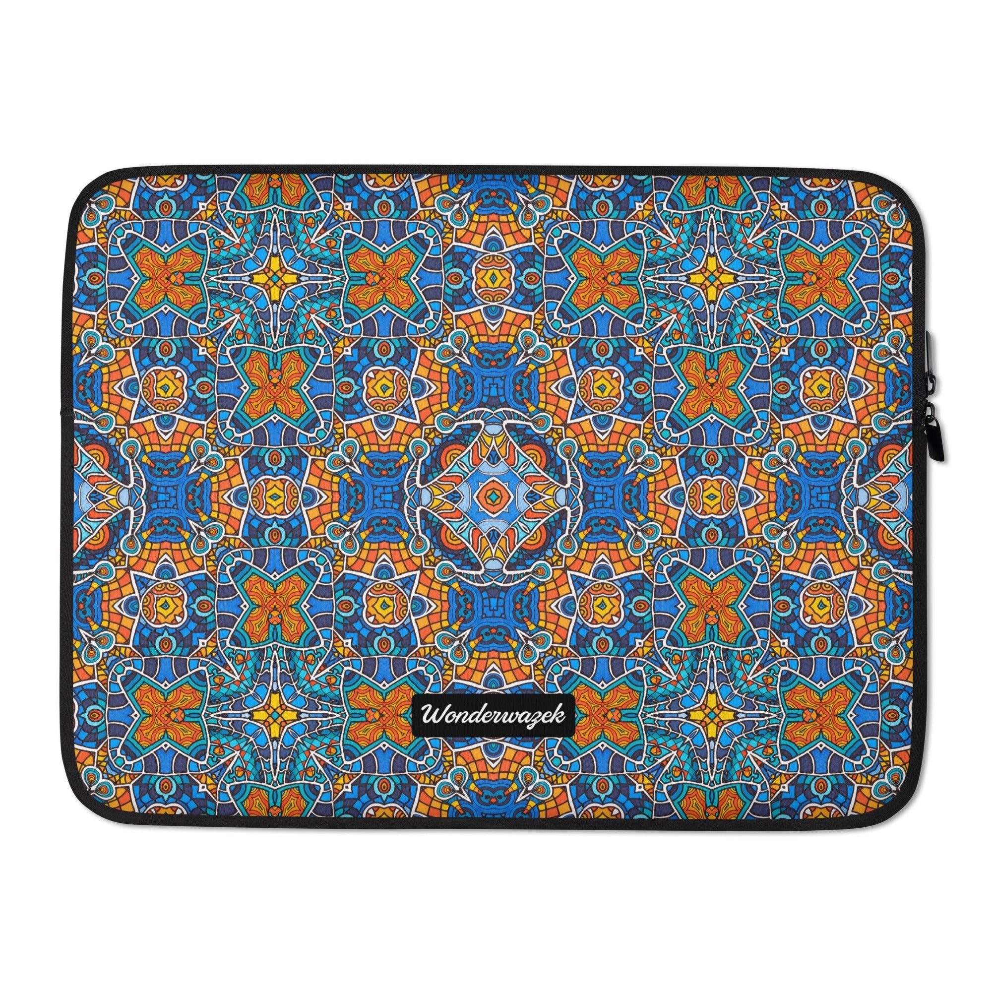 Laptoptasche • Blankas Blumen – Kaleidoskop 1, blau, orange - Wonderwazek