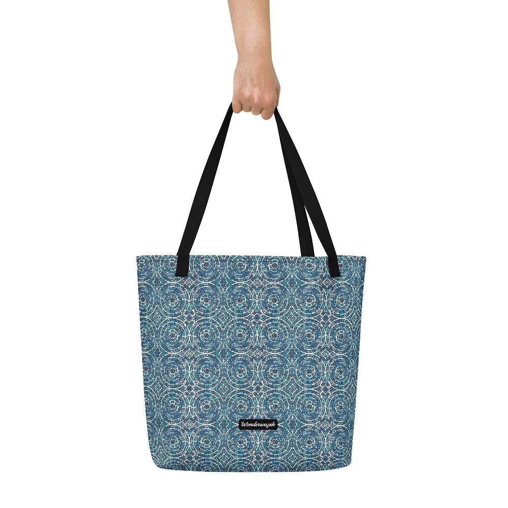 Strandtasche • Kreiswelle – Variation 3, blau, weiß - Wonderwazek