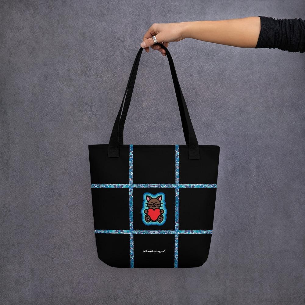 Einkaufstasche • dezente Akzente, Katze mit Herz – blau, schwarz - Wonderwazek