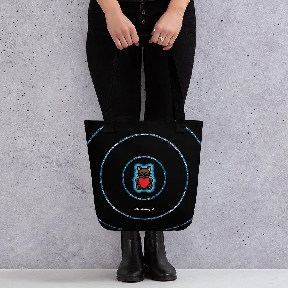 Einkaufstasche • dezente Kreise, Katze mit Herz – blau, schwarz - Wonderwazek