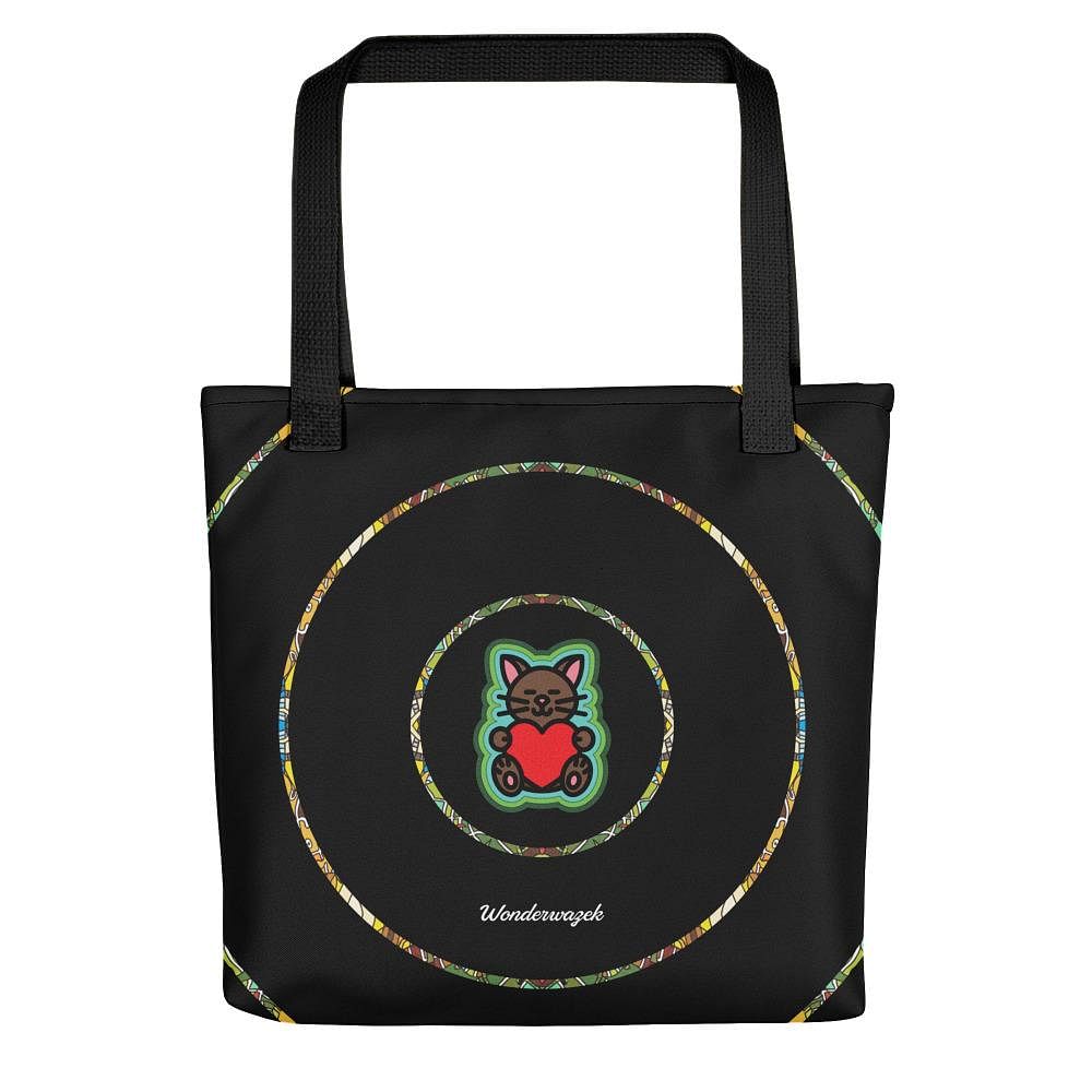 Einkaufstasche • dezente Kreise, Katze mit Herz – grün, schwarz - Wonderwazek
