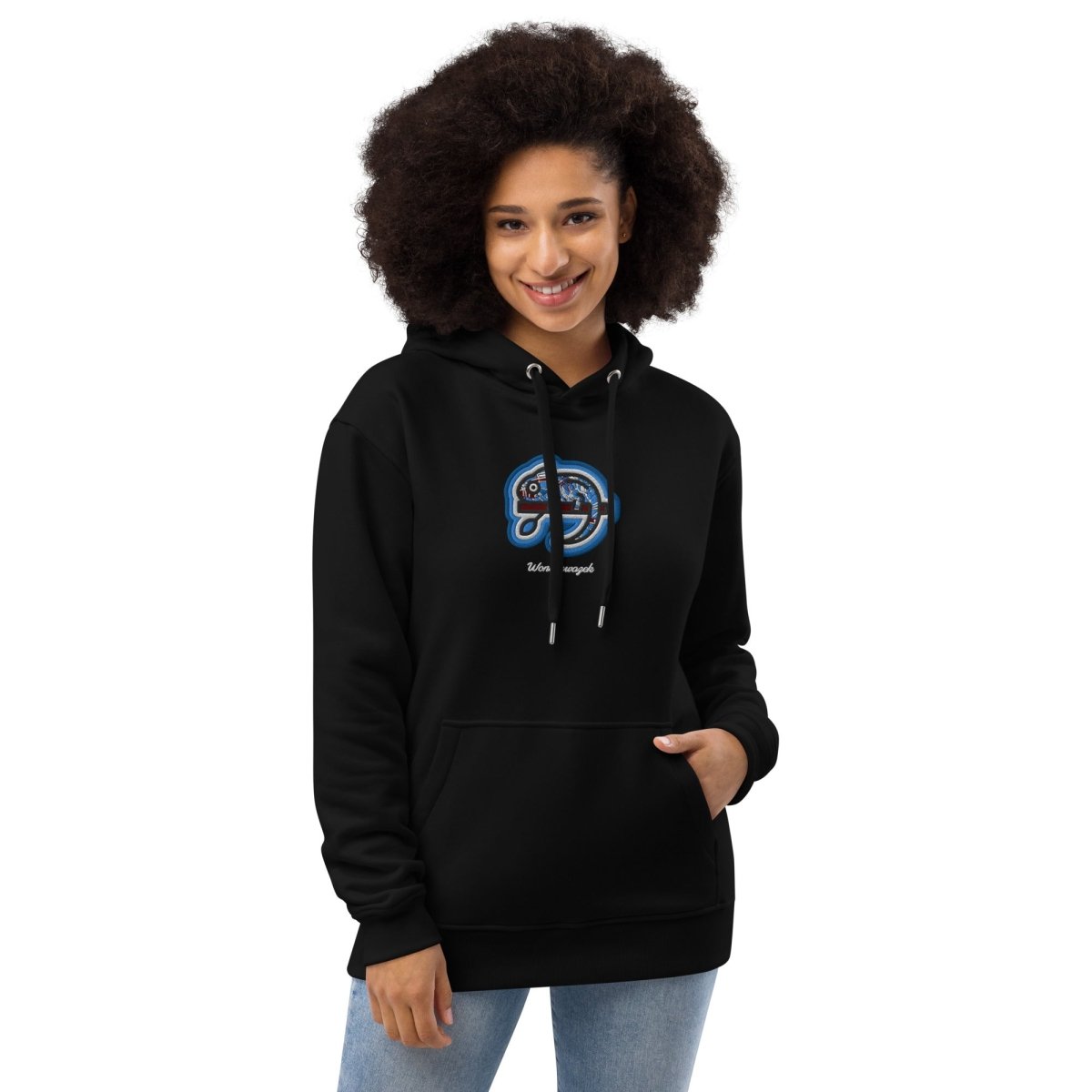 Hoodie Schwarz • kunterbuntes Chamäleon – Stick GROSS, Blau - Wonderwazek