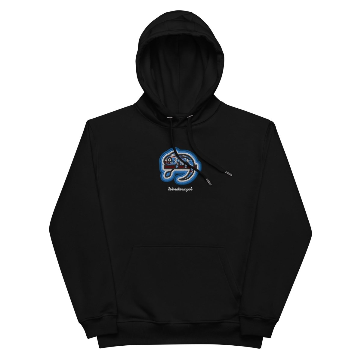 Hoodie Schwarz • kunterbuntes Chamäleon – Stick GROSS, Blau - Wonderwazek