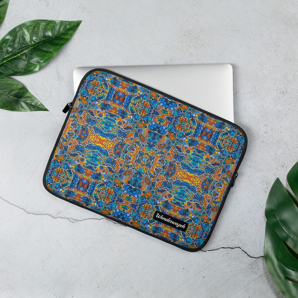 Laptophülle • Blankas Blumen – Variation 2, blau, gelb, orange - Wonderwazek