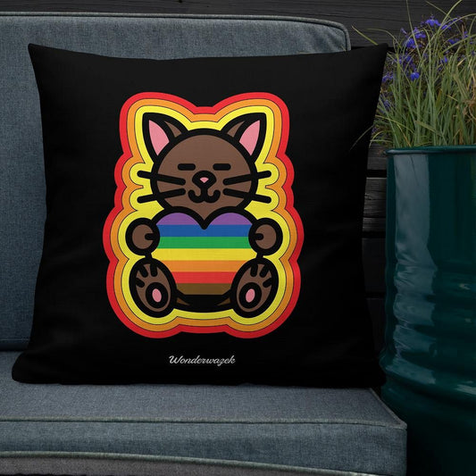 Kissen • Diversität 🌈 Katze mit Herz – Regenbogen, gelb, orange, rot, schwarz - Wonderwazek