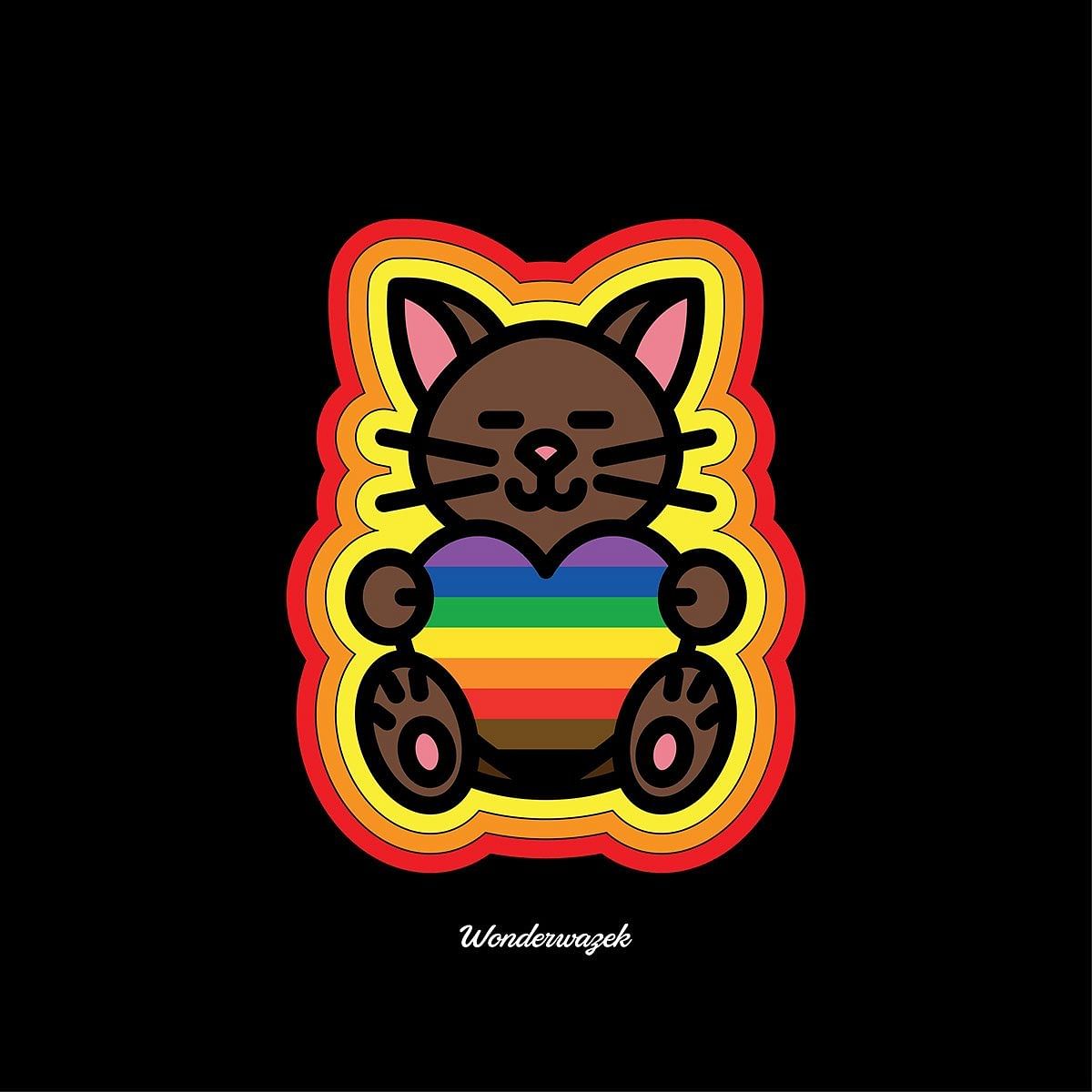 Kissen • Diversität 🌈 Katze mit Herz – Regenbogen, gelb, orange, rot, schwarz - Wonderwazek