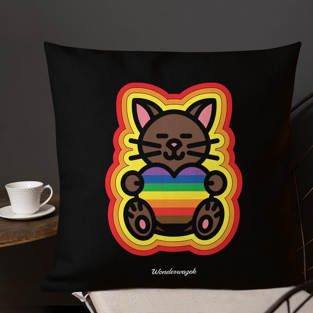 Kissen • Diversität 🌈 Katze mit Herz – Regenbogen, gelb, orange, rot, schwarz - Wonderwazek