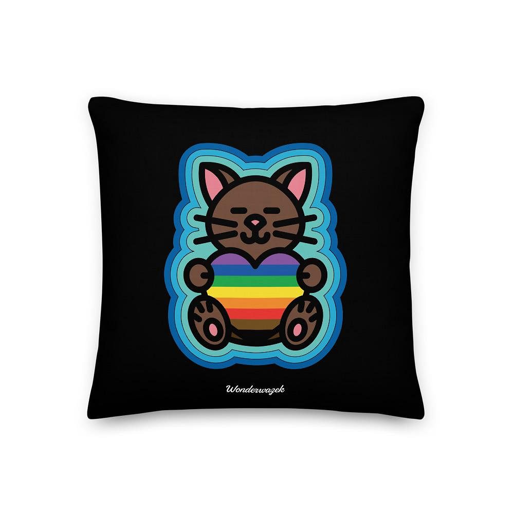 Kissen • Diversität 🌈 Katze mit Herz – Regenbogen, blau, schwarz - Wonderwazek