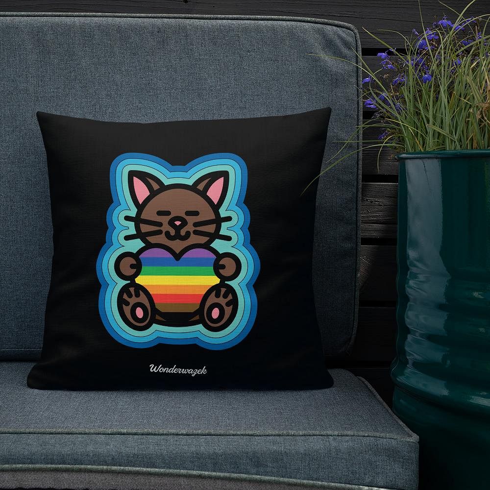 Kissen • Diversität 🌈 Katze mit Herz – Regenbogen, blau, schwarz - Wonderwazek