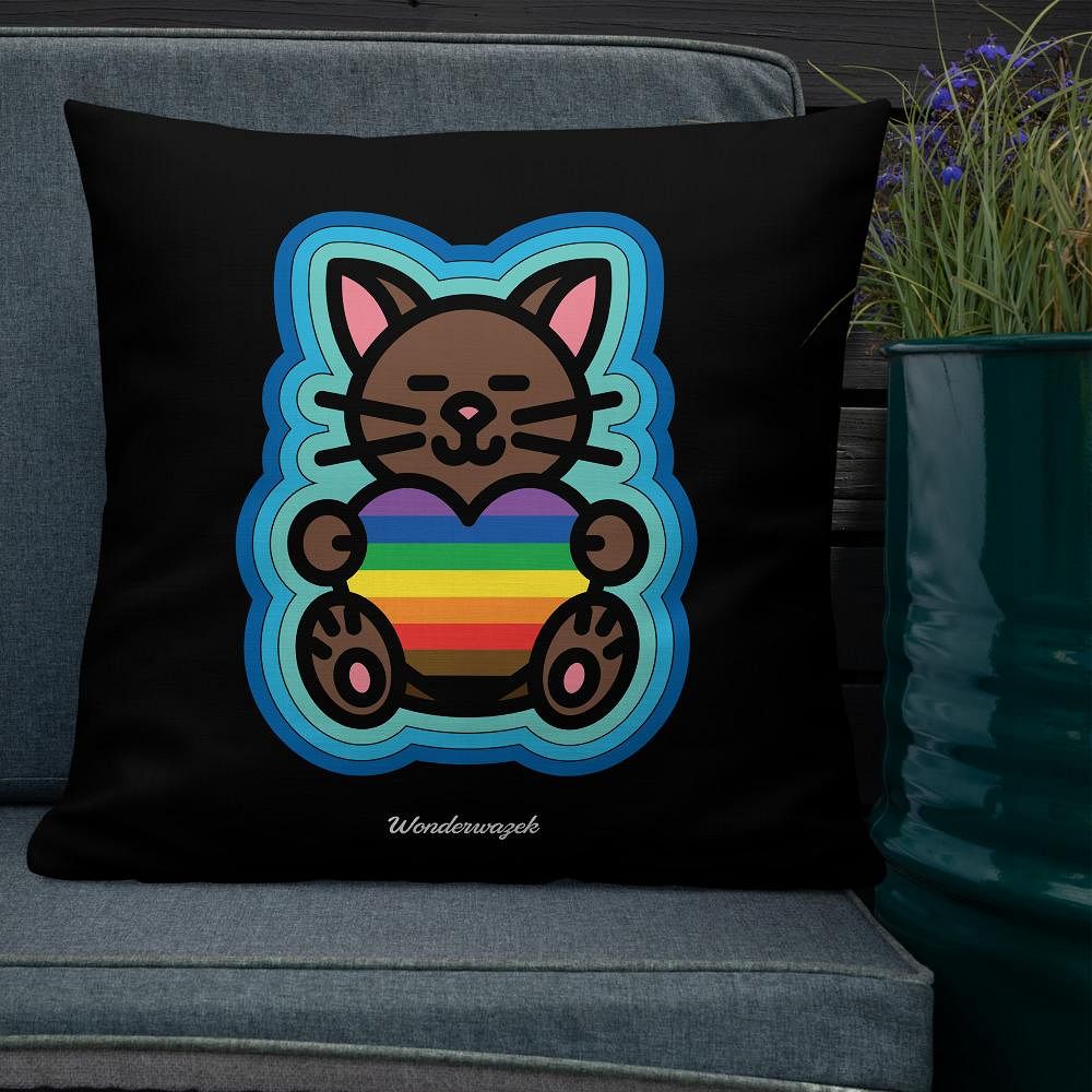 Kissen • Diversität 🌈 Katze mit Herz – Regenbogen, blau, schwarz - Wonderwazek