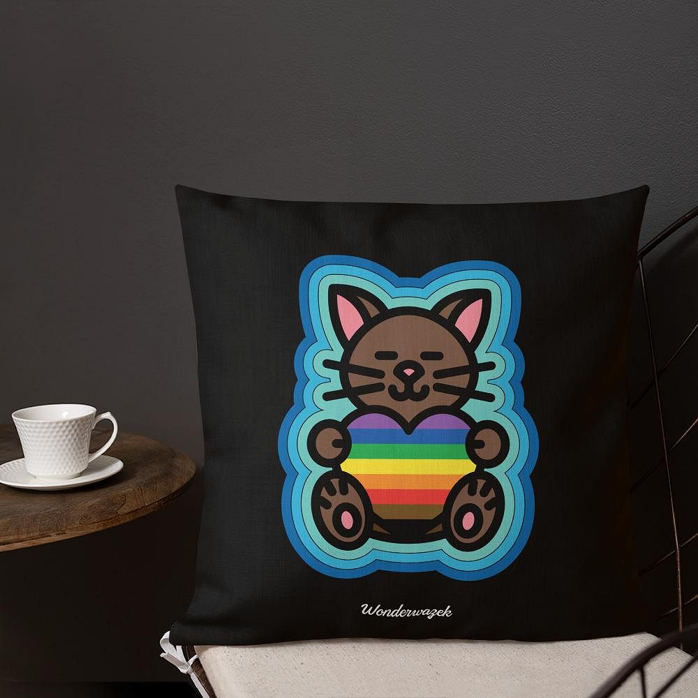 Kissen • Diversität 🌈 Katze mit Herz – Regenbogen, blau, schwarz - Wonderwazek