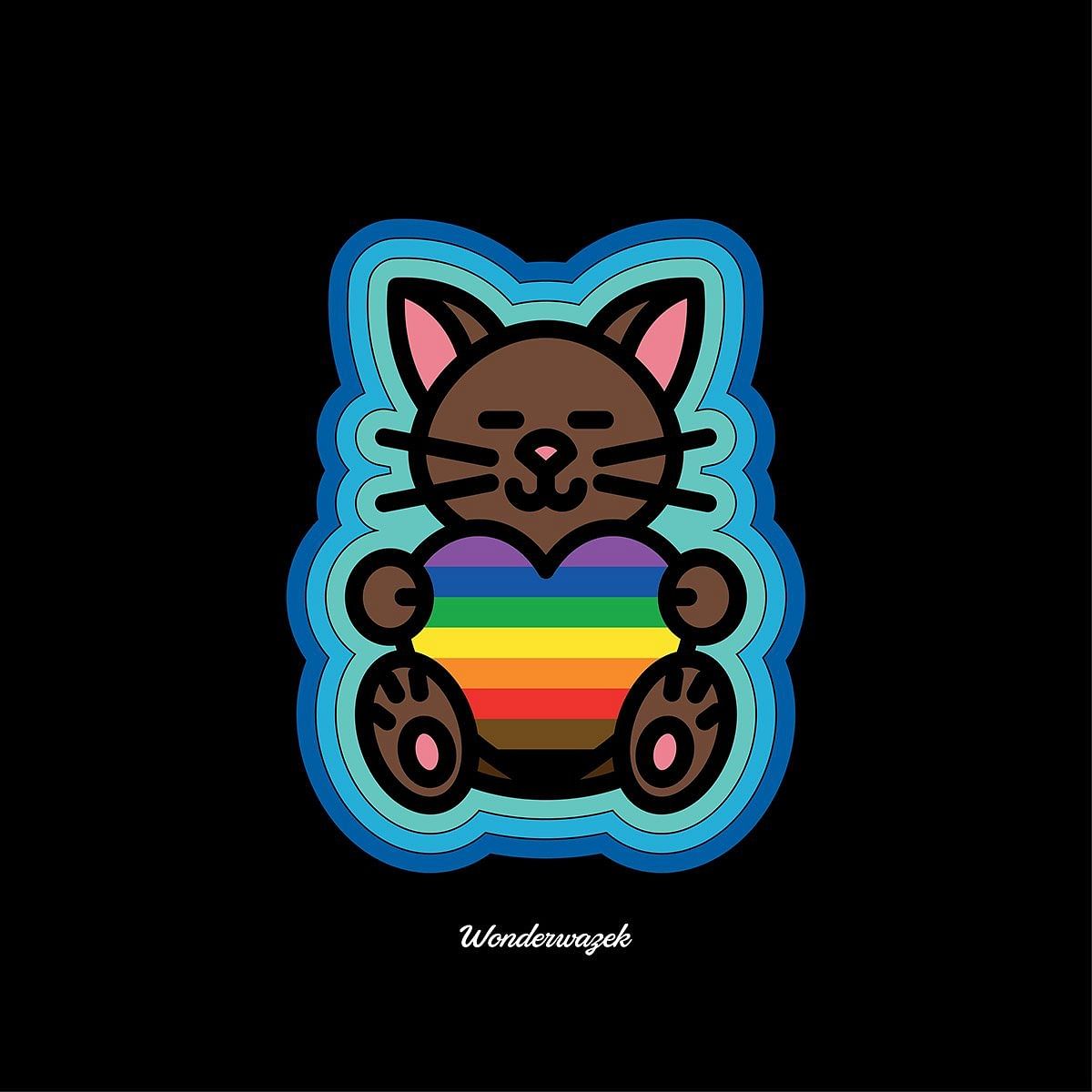 Kissen • Diversität 🌈 Katze mit Herz – Regenbogen, blau, schwarz - Wonderwazek