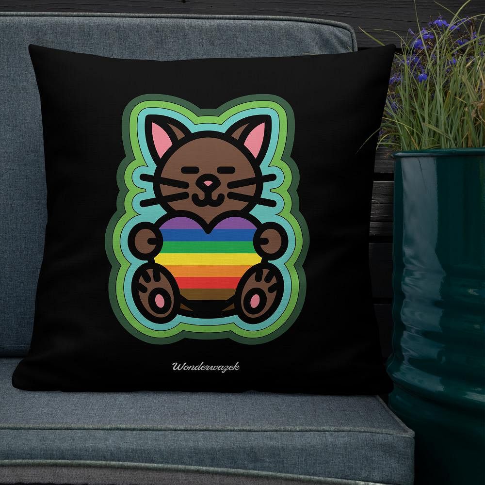 Kissen • Diversität 🌈 Katze mit Herz – Regenbogen, grün, schwarz - Wonderwazek