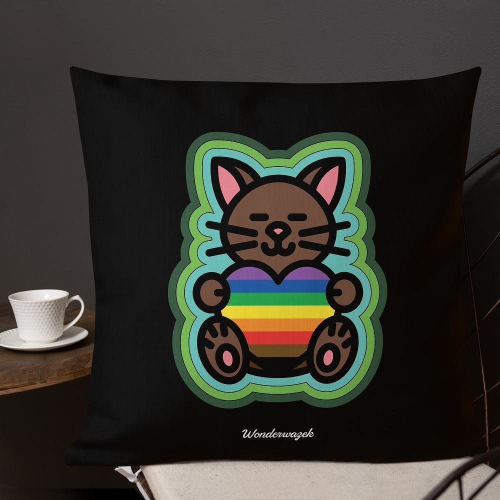 Kissen • Diversität 🌈 Katze mit Herz – Regenbogen, grün, schwarz - Wonderwazek