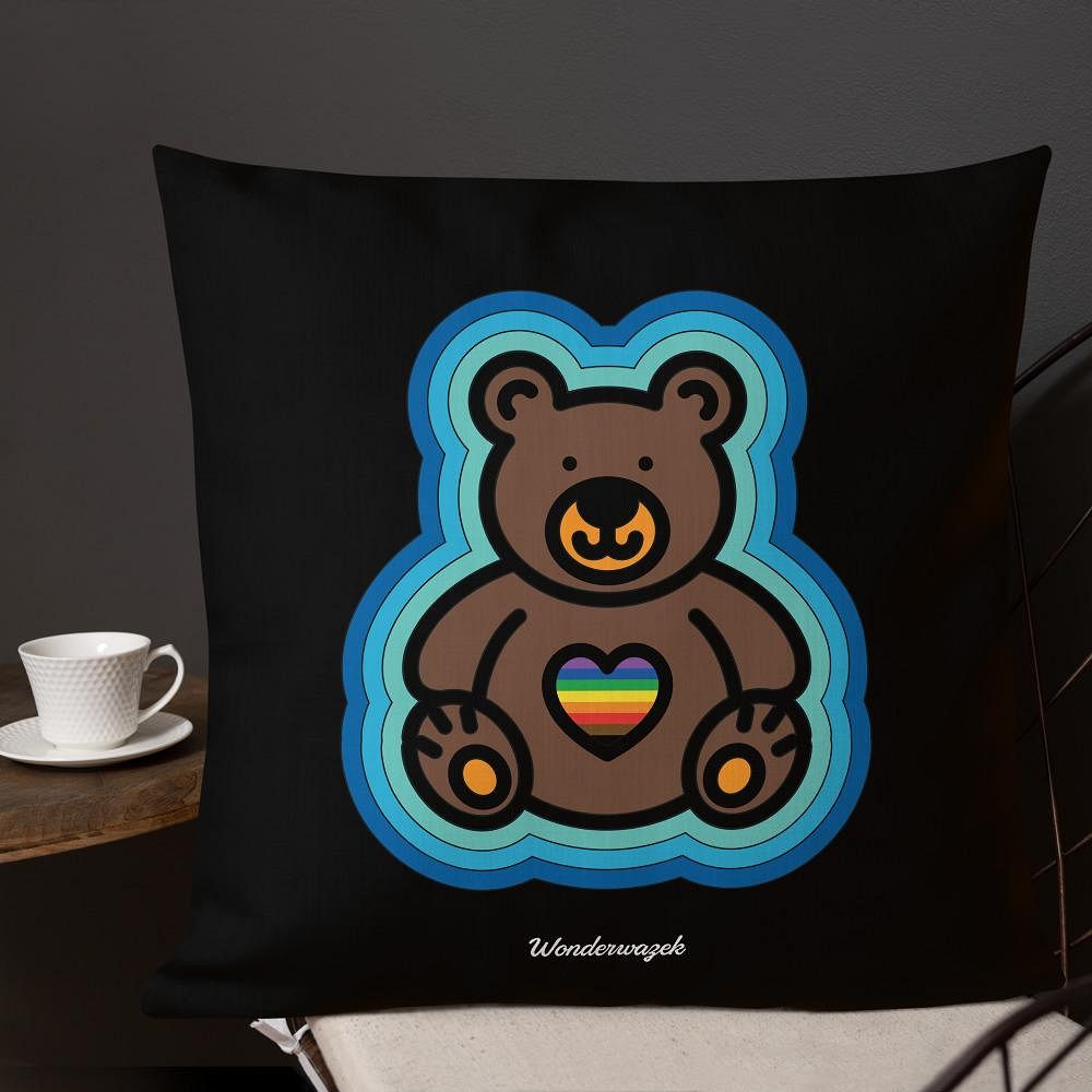 Kissen • Diversität 🌈 Teddy mit Herz – Regenbogen, blau, schwarz - Wonderwazek