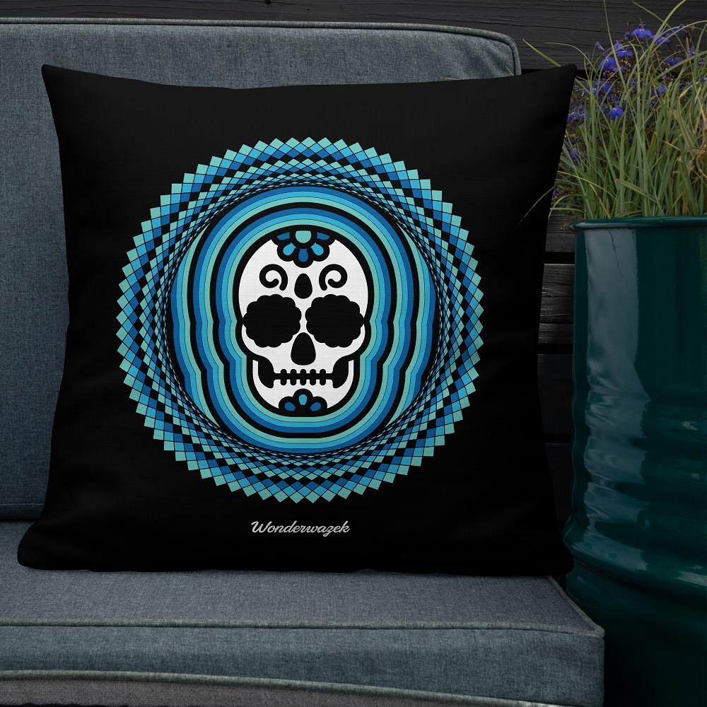 Kissen • Tribal Totenkopf – blau, schwarz - Wonderwazek