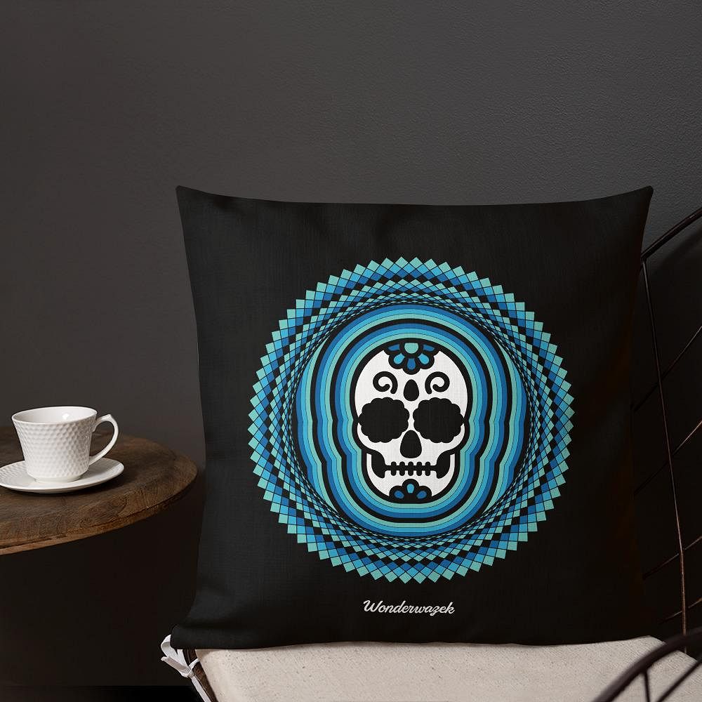 Kissen • Tribal Totenkopf – blau, schwarz - Wonderwazek