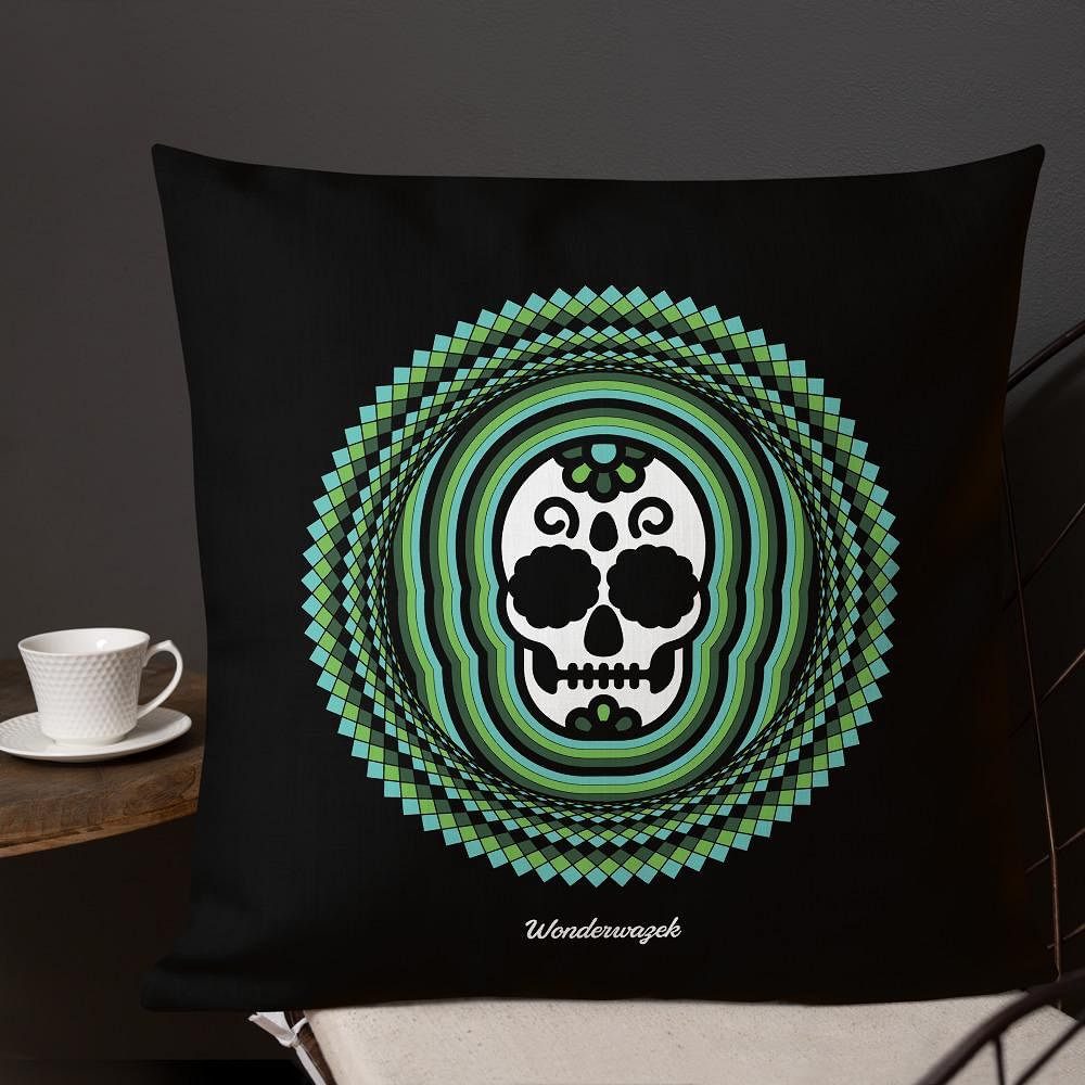 Kissen • Tribal Totenkopf – grün, schwarz - Wonderwazek