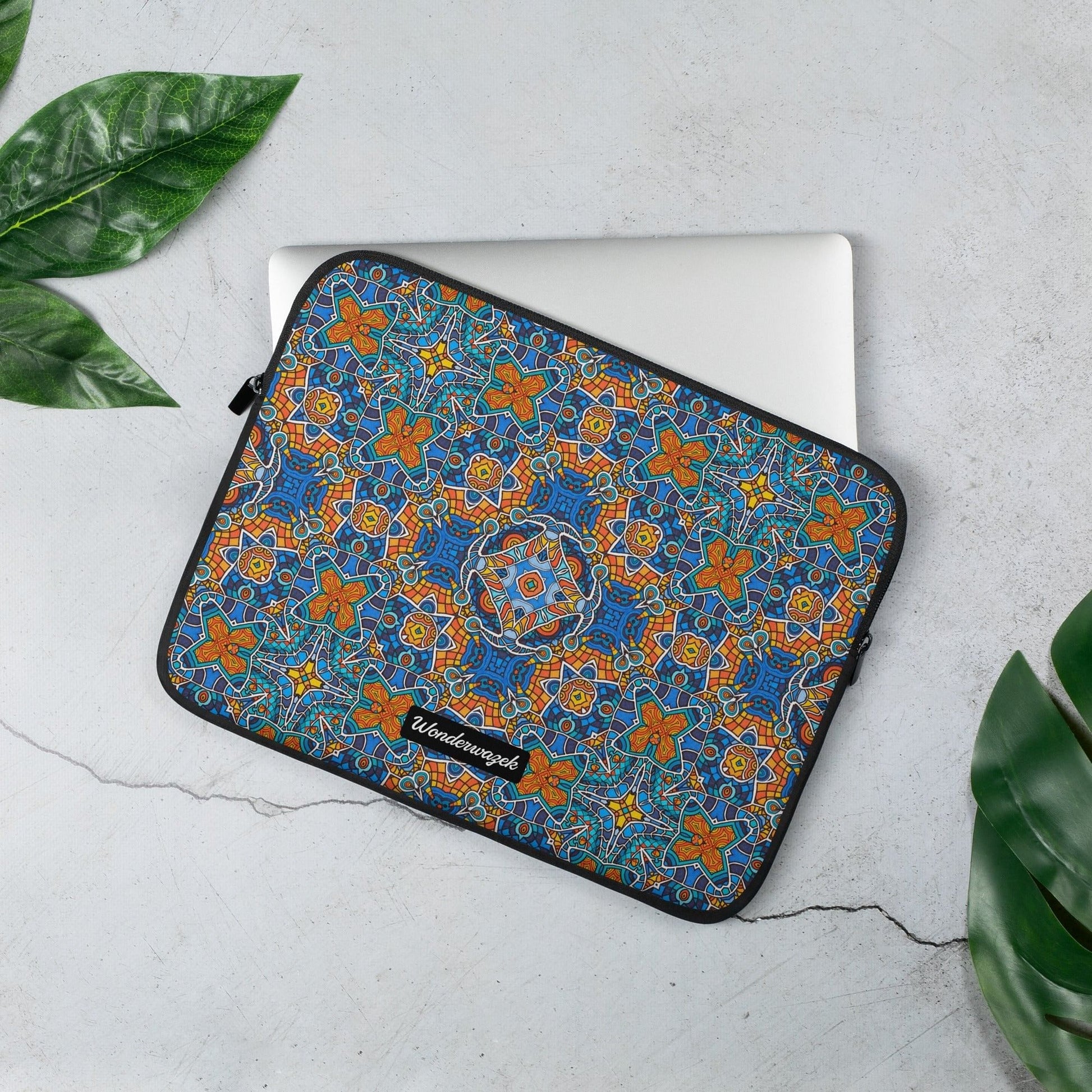 Laptoptasche • Blankas Blumen – Kaleidoskop, blau, orange - Wonderwazek