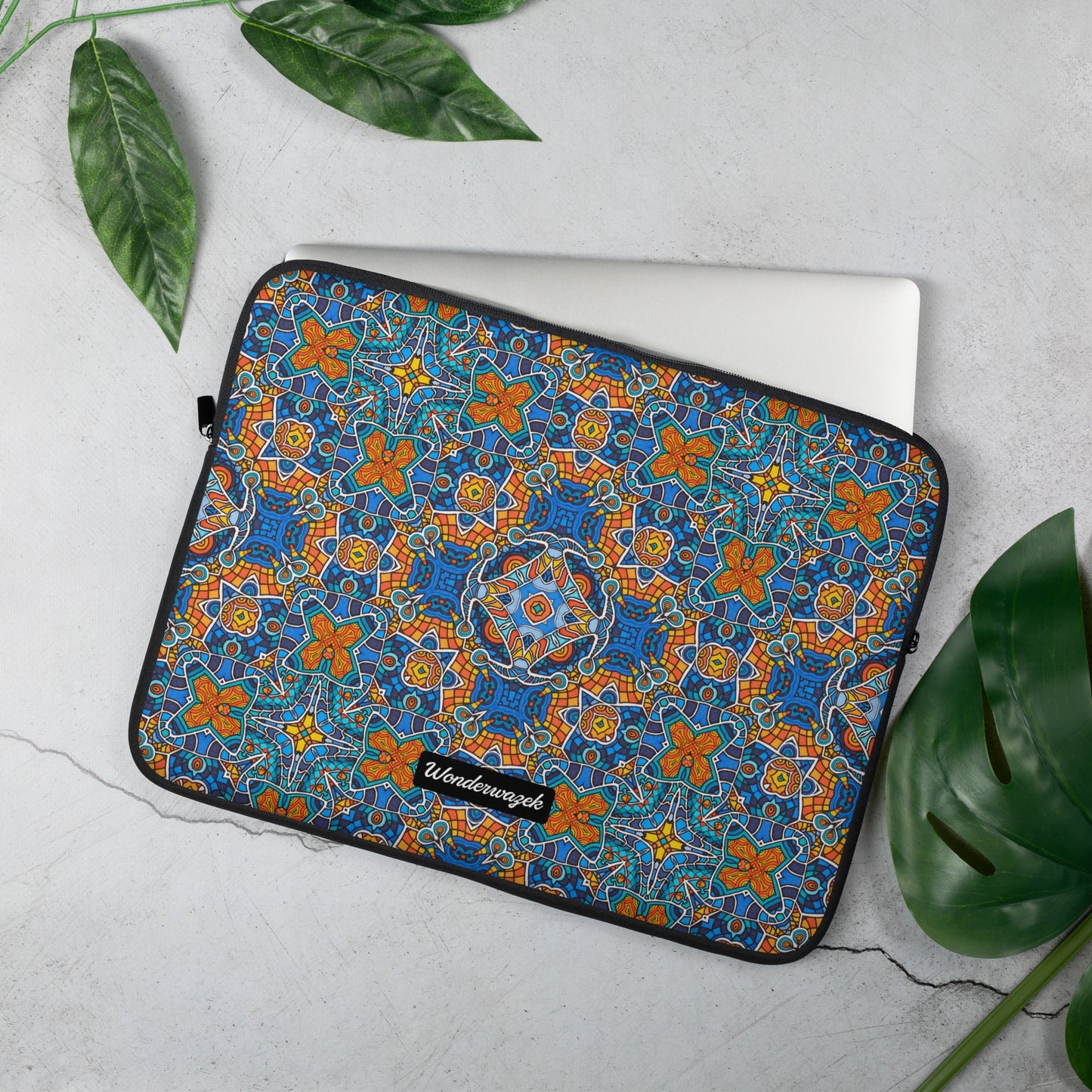 Laptoptasche • Blankas Blumen – Kaleidoskop, blau, orange - Wonderwazek