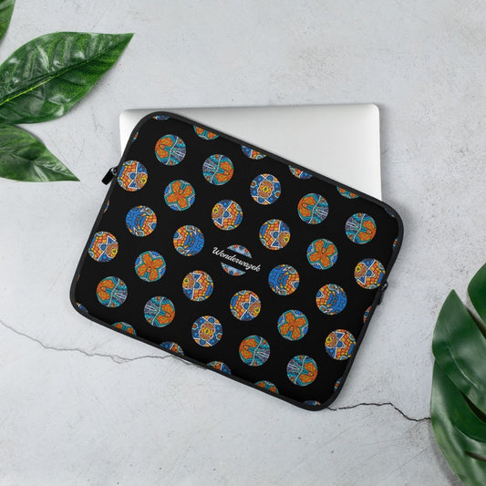 Laptoptasche • Blankas Blumen – Punkte, blau, orange, schwarz - Wonderwazek