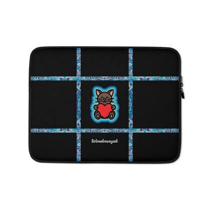 Laptoptasche • dezente Linien, Katze mit Herz – blau, schwarz - Wonderwazek