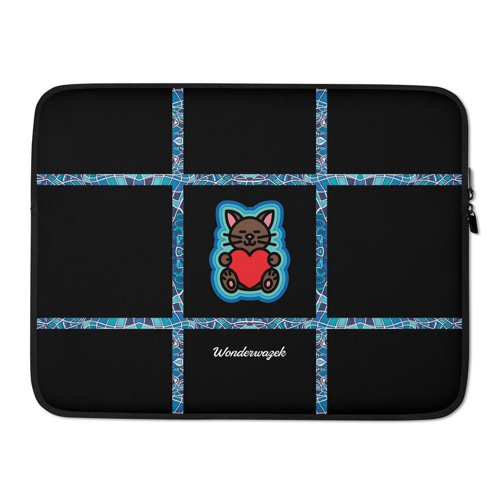 Laptoptasche • dezente Linien, Katze mit Herz – blau, schwarz - Wonderwazek