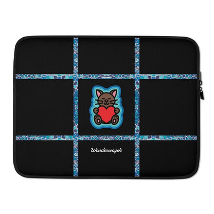 Laptoptasche • dezente Linien, Katze mit Herz – blau, schwarz - Wonderwazek