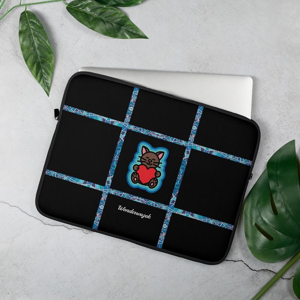 Laptoptasche • dezente Akzente, Katze mit Herz – blau, schwarz - Wonderwazek
