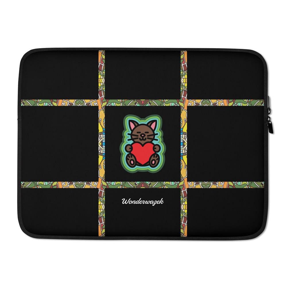 Laptoptasche • dezente Linien, Katze mit Herz – grün, schwarz - Wonderwazek