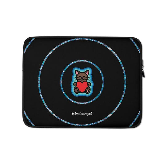 Laptoptasche • dezente Kreise, Katze mit Herz – blau, schwarz - Wonderwazek