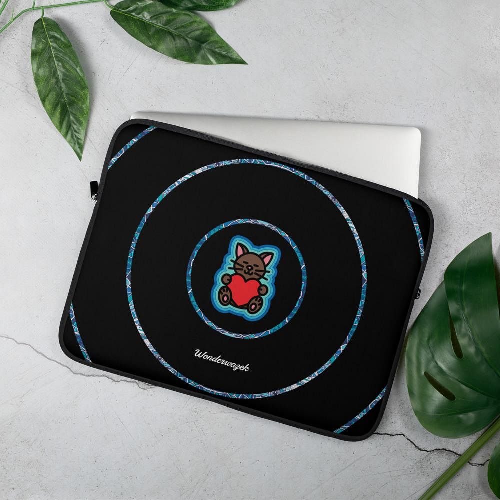 Laptoptasche • dezente Kreise, Katze mit Herz – blau, schwarz - Wonderwazek