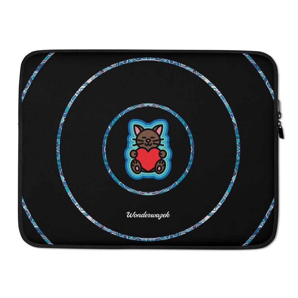 Laptoptasche • dezente Kreise, Katze mit Herz – blau, schwarz - Wonderwazek
