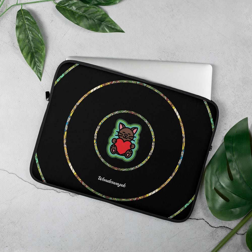 Laptoptasche • dezente Kreise, Katze mit Herz – grün, schwarz - Wonderwazek