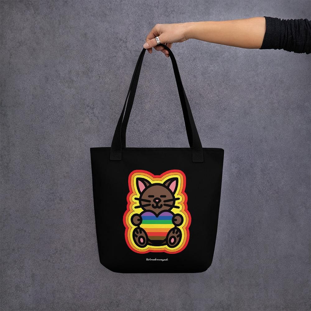 Einkaufstasche • Diversität 🌈 Katze mit Herz – Regenbogen, gelb, orange, rot, schwarz - Wonderwazek
