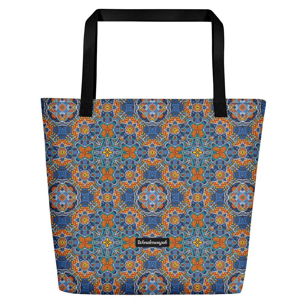 Strandtasche • Blankas Blumen – Kaleidoskop, blau, orange - Wonderwazek