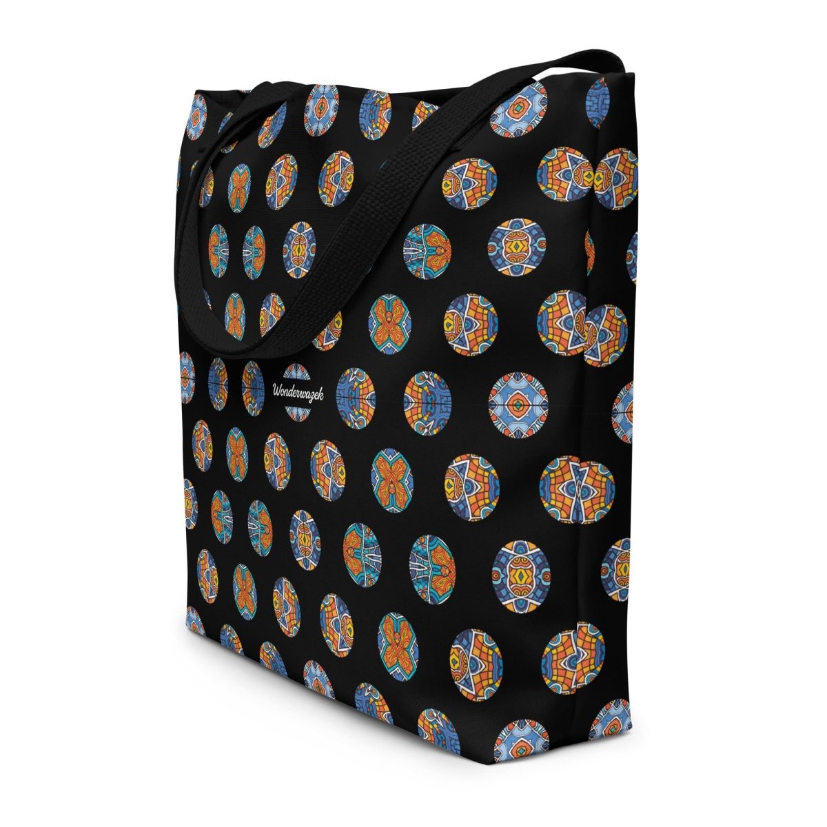 Strandtasche • Blankas Blumen – Punkte, blau, orange, schwarz - Wonderwazek