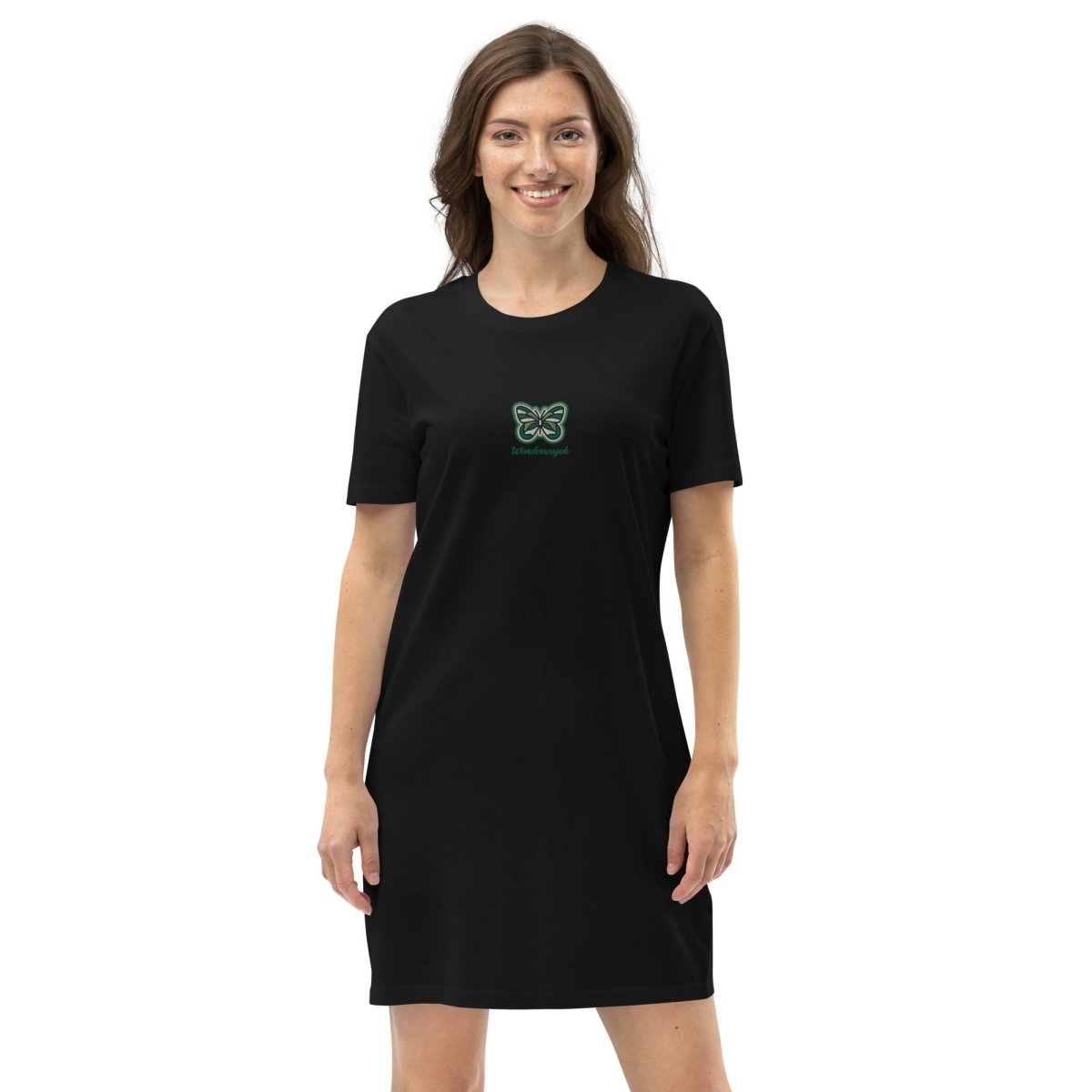 T-Shirt-Kleid • Schmetterling – bestickt, grün - Wonderwazek